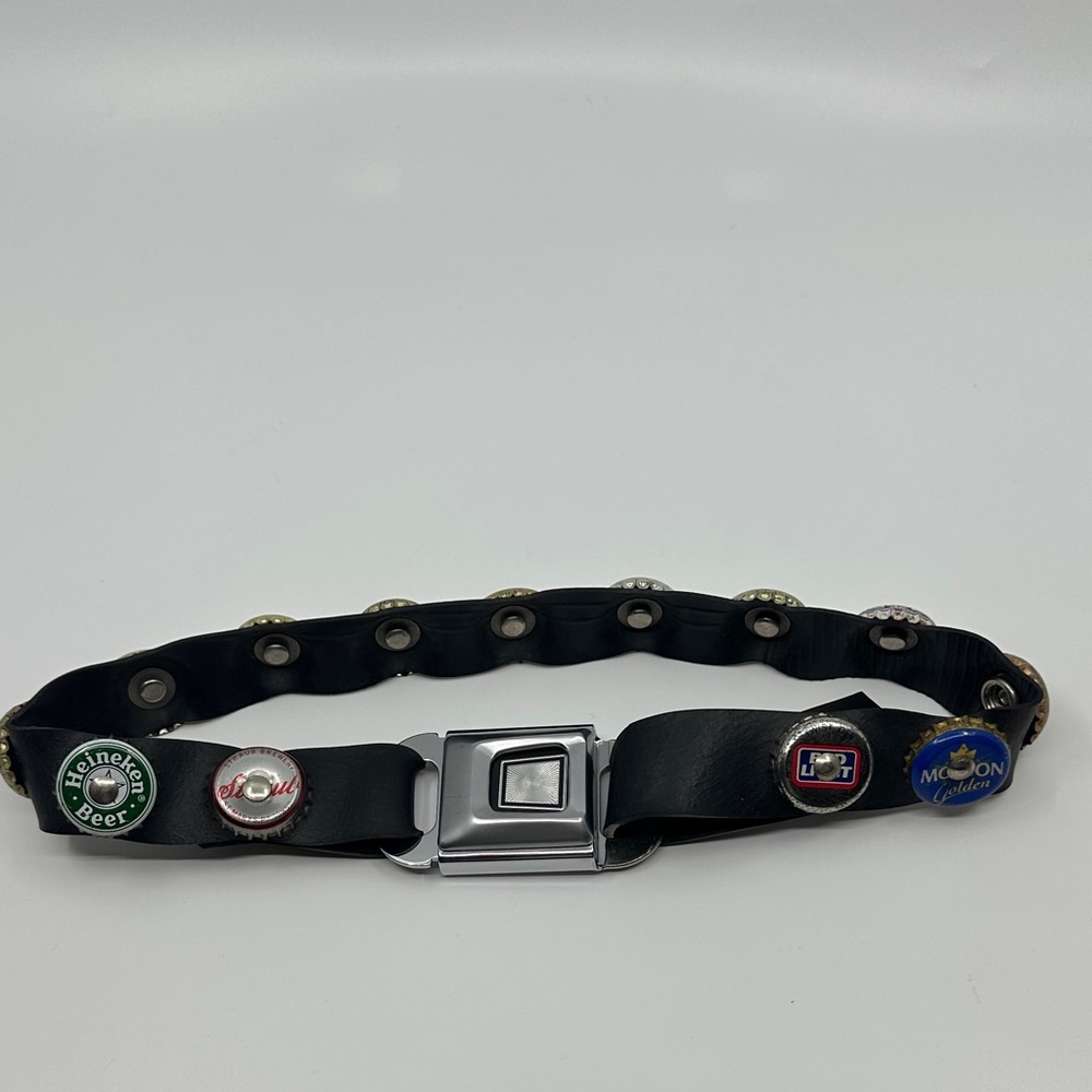 Vtg Little Earth Recycle Black Rubber Belt with Bottle Cap Accents